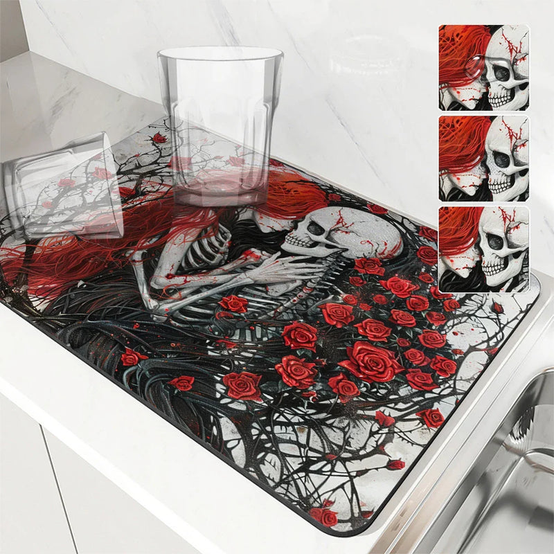 Halloween Skull Absorbent Mat by Axyaa: Antiskid & Quick Dry Kitchen/Bathroom Pad