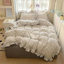 Axyaa Cream Lace Girl Powder Grid Korean Double-Layer Quilt Cover Set