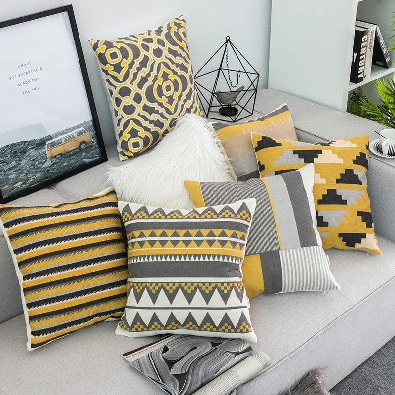 Geometric Embroidered Pillow Cover 45x45cm for Living Room by Axyaa