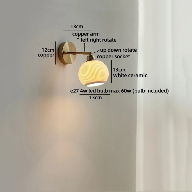 Axyaa Ceramic LED Wall Lamp: Japan Style Gold Brass Arm, Up Down Rotate