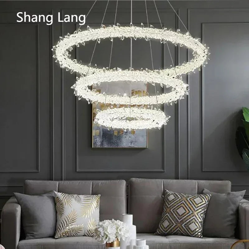 Axyaa Crystal Flower LED Chandelier: Modern Luxury Round Ring Pendant Light