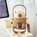 Axyaa Kawaii Cat Panda Water Bottle with Straw Strap - BPA-Free 820ml