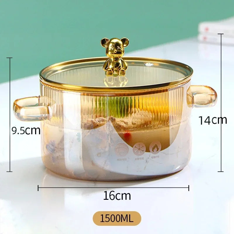 Axyaa Small Bear Glass Noodle Bowl with Cover and Double Ear Handles