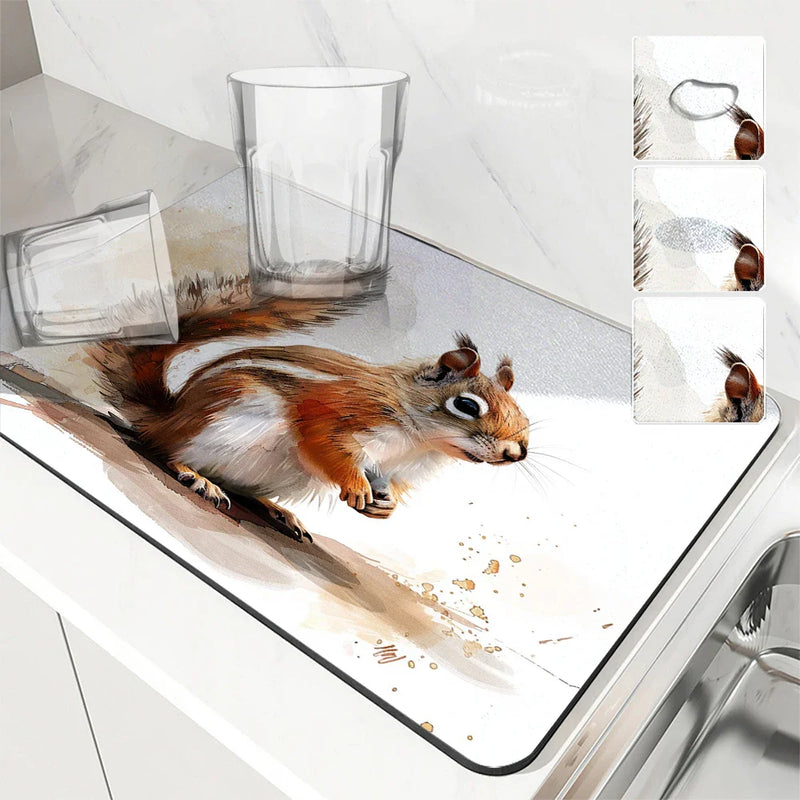 Axyaa Watercolor Squirrel Cartoon Absorbent Drying Mat, Antiskid & Quick Dry