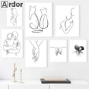 Axyaa Cat Print Hand in Hand Wall Art Canvas Painting Black White Poster Home Decor