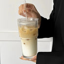 Axyaa Striped Glass Coffee Cup with Lid and Straw - Transparent Drinkware for Juice