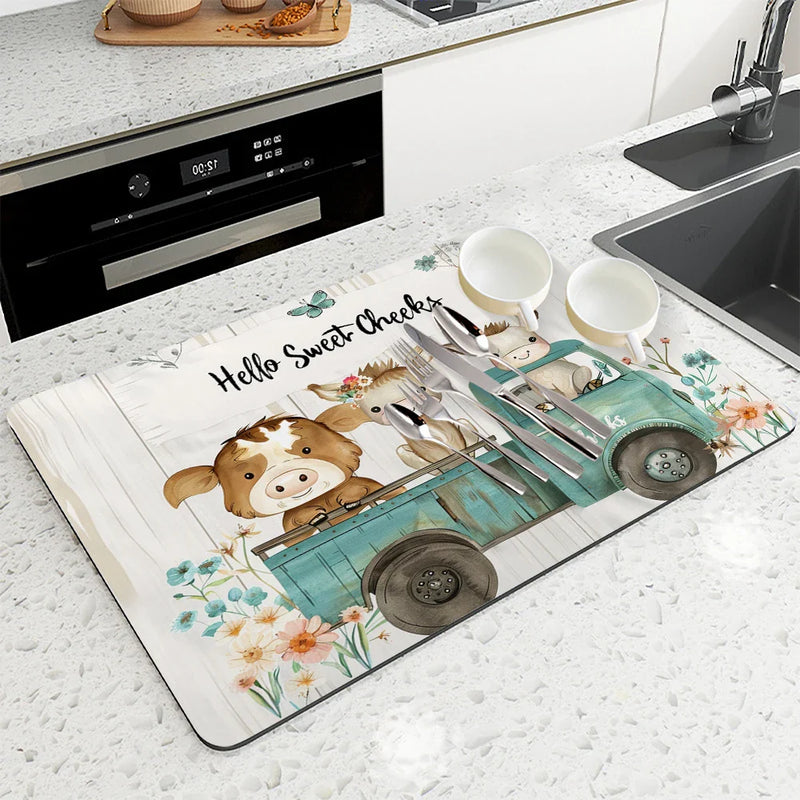 Axyaa Watercolor Flowers Absorbent Draining Dish Drying Mat
