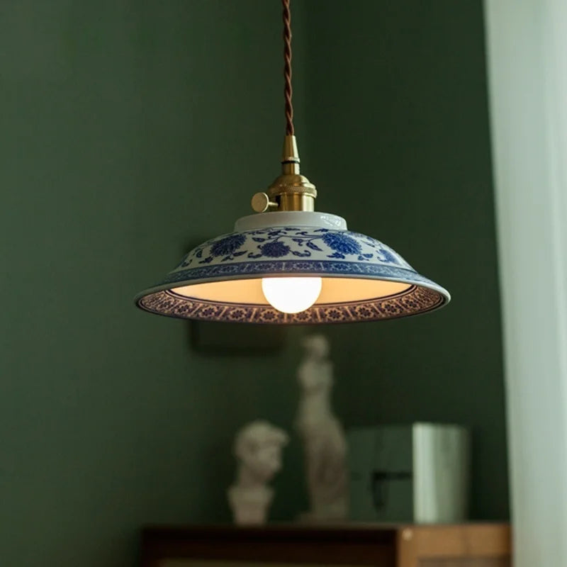 Axyaa White Blue Pattern Ceramic LED Pendant Lights - Japanese Style