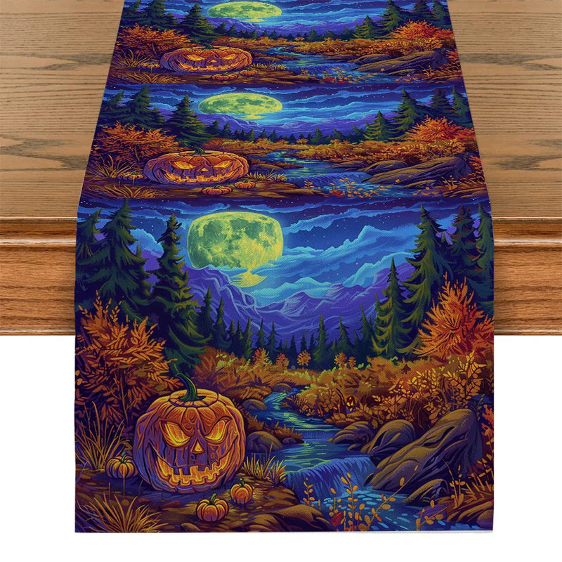 Axyaa Forest Moon Mountain Table Runner: Halloween Party Dining Centerpiece