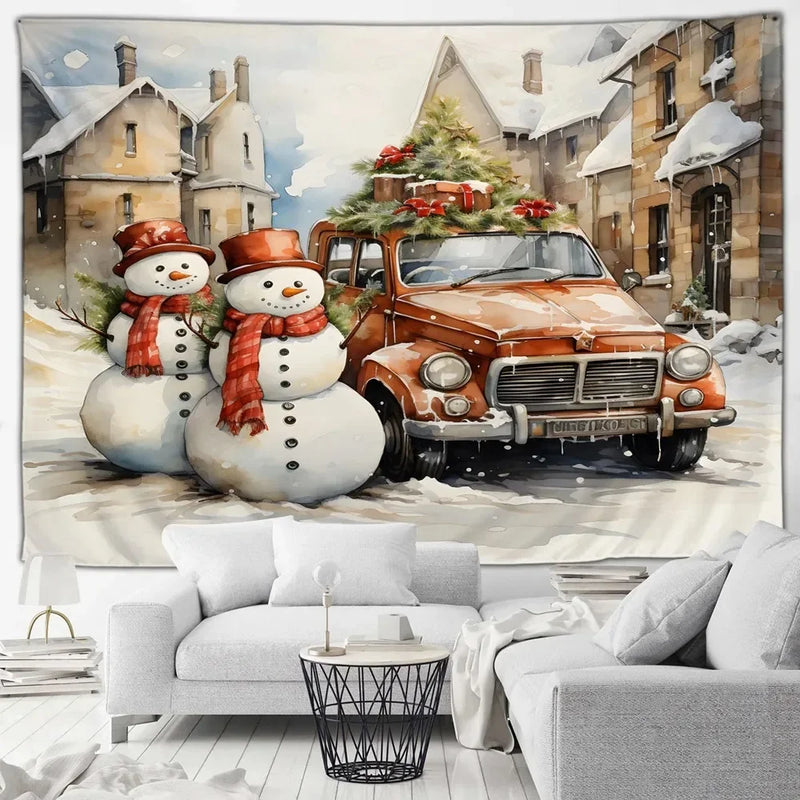 Axyaa Winter Snowman Print Tapestry for Christmas Party Decoration