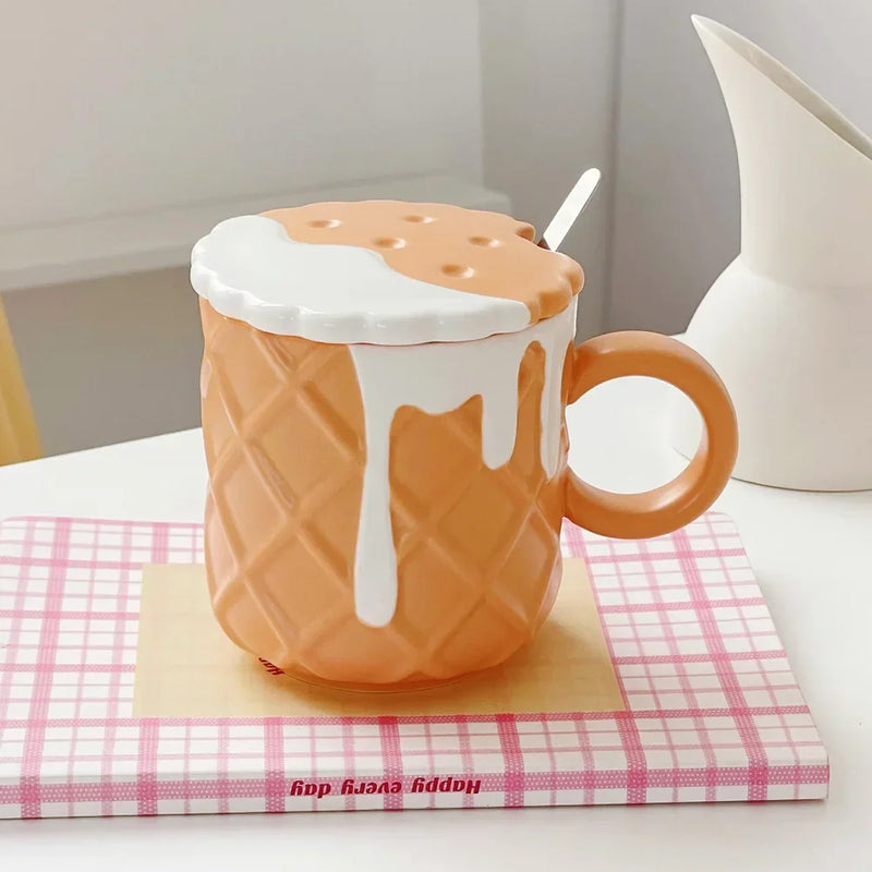Axyaa 400ML Biscuit Pattern Coffee Mug With Lid, Spoon - Cute Kawaii Ceramic Cup