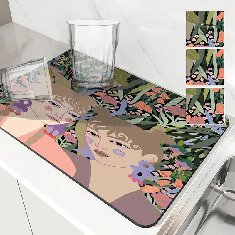 Axyaa Tropical Flowers Absorbent Drain Pad for Kitchen and Bathroom