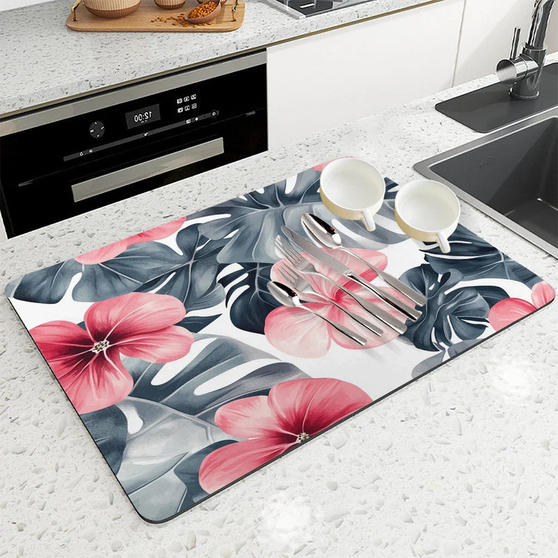 Axyaa Tropical Plants Draining Mat - Quick Dry Kitchen & Bathroom Drain Pad