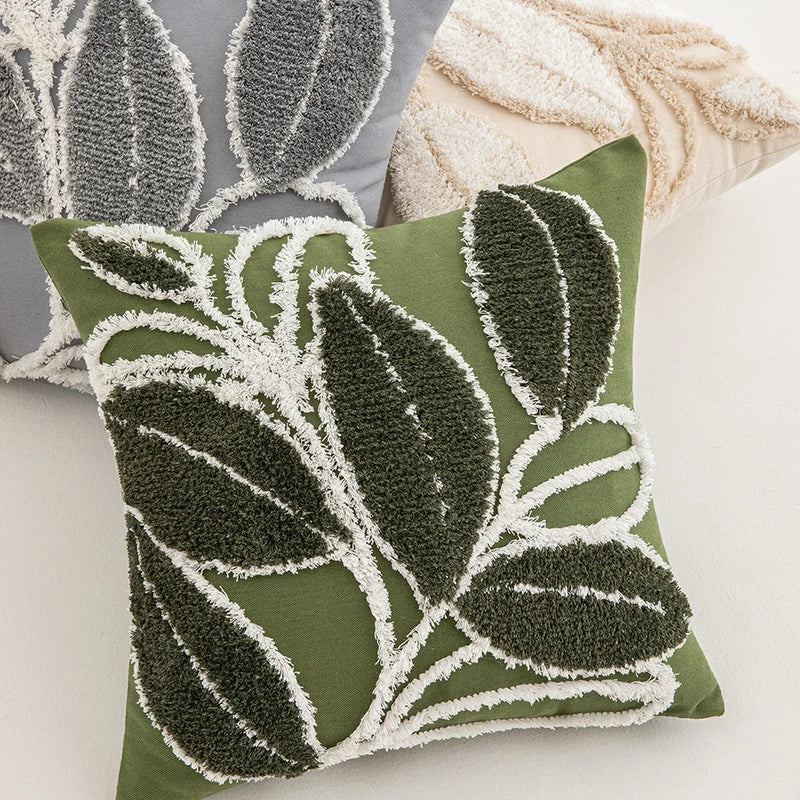 Axyaa Tufted Plush Leaves Pillowcase: Modern Plant Cartoon Pattern, 45x45cm
