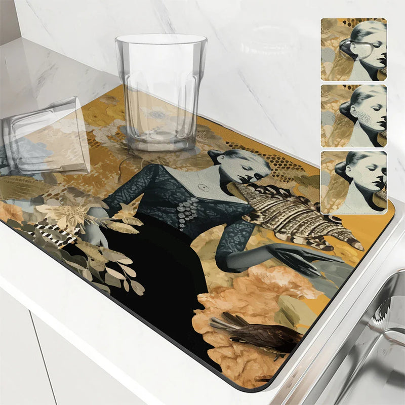 Axyaa Geometric Abstract Draining Mat: Absorbent, Anti-slip, Quick Dry Kitchen & Bathroom Pad