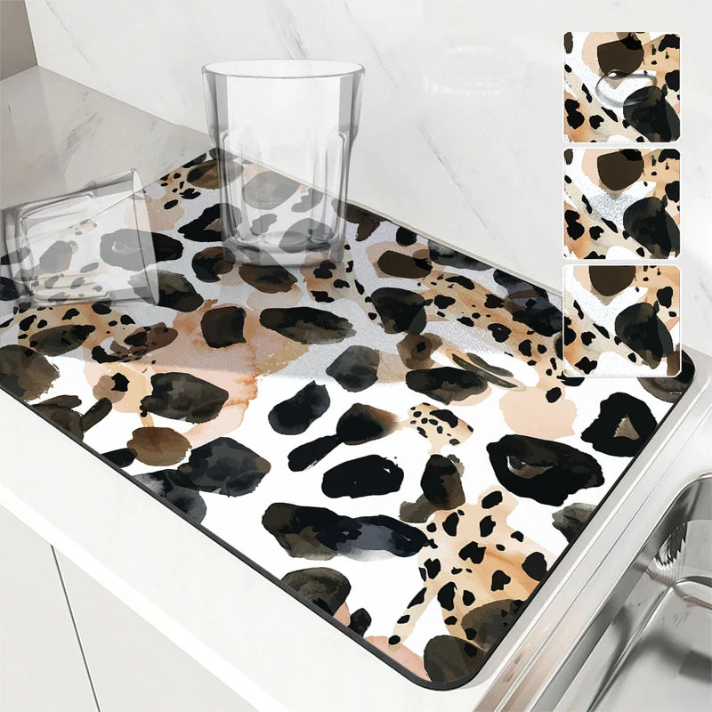 Axyaa Diatom Mud Kitchen Drain Pads: Leopard Geometric Absorbent Tableware Mat
