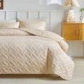 Axyaa Geometric Grid Bedspread Set - Grey Beige, US Queen Size 3pcs