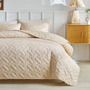 Axyaa Geometric Grid Bedspread Set - Grey Beige, US Queen Size 3pcs