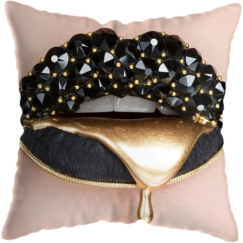Pink Gold Lips Cushion Cover by Axyaa: Modern Nordic Diamond Painting Home Decor