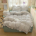 Axyaa Cream Lace Girl Powder Grid Korean Double-Layer Quilt Cover Set