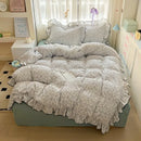 Axyaa Cream Lace Girl Powder Grid Korean Double-Layer Quilt Cover Set
