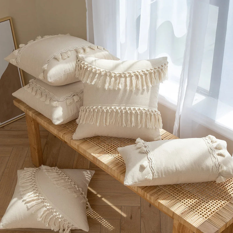 Axyaa Beige Cotton Weave Fringed Cushion Cover for Home Decor