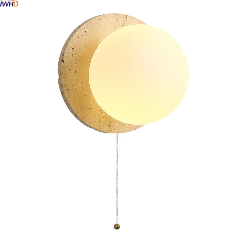 Axyaa White Glass Wall Lights with Yellow Stone Art - Pull Chain Switch, LED, Wabi Sabi Style