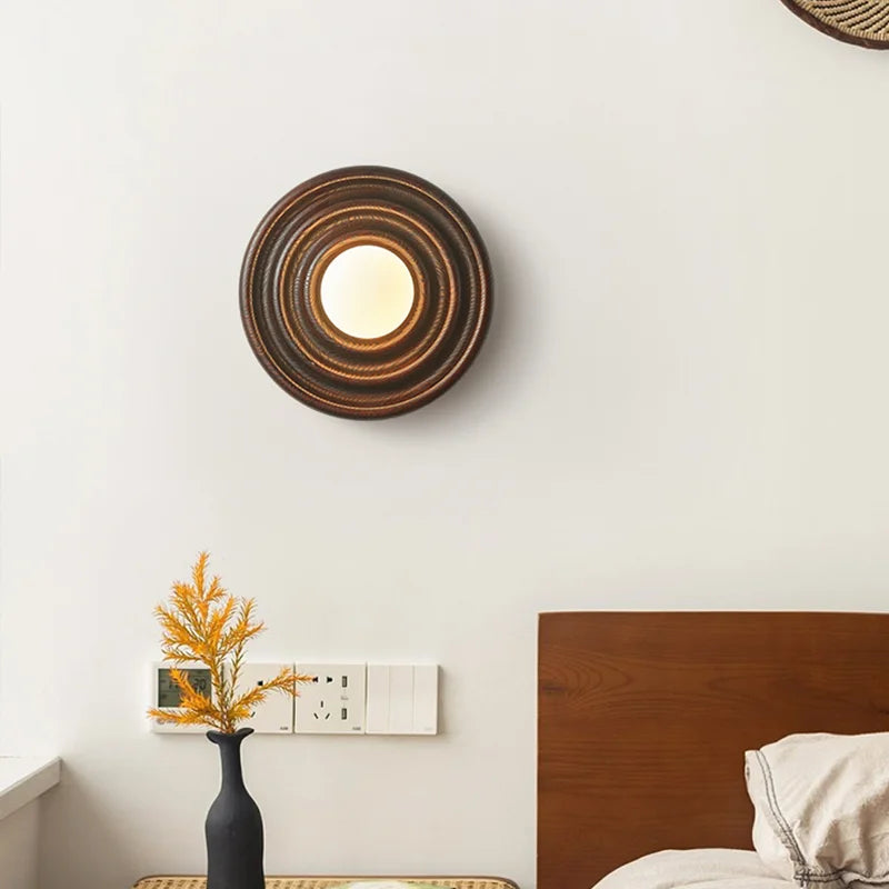 Axyaa Round Ash Wood Wall Lamp LED Light for Living Room Decor