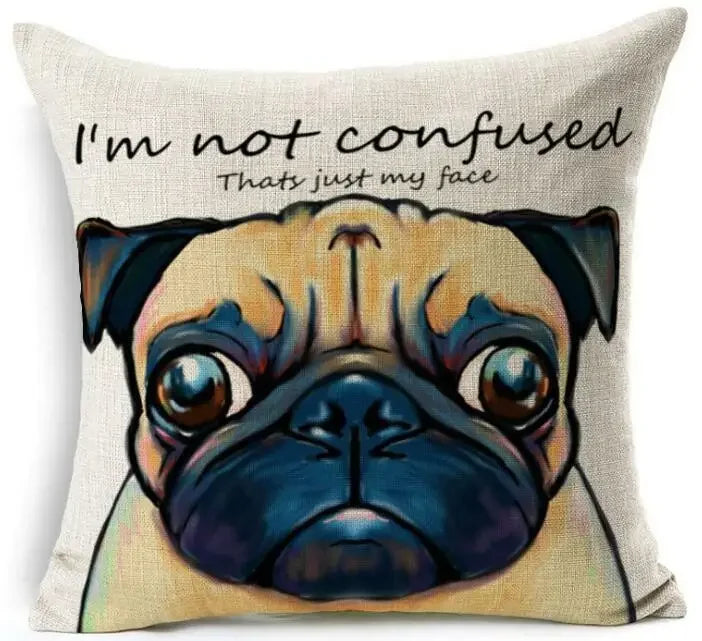 Square Linen Pug French Bulldog Pillow Cover by Axyaa