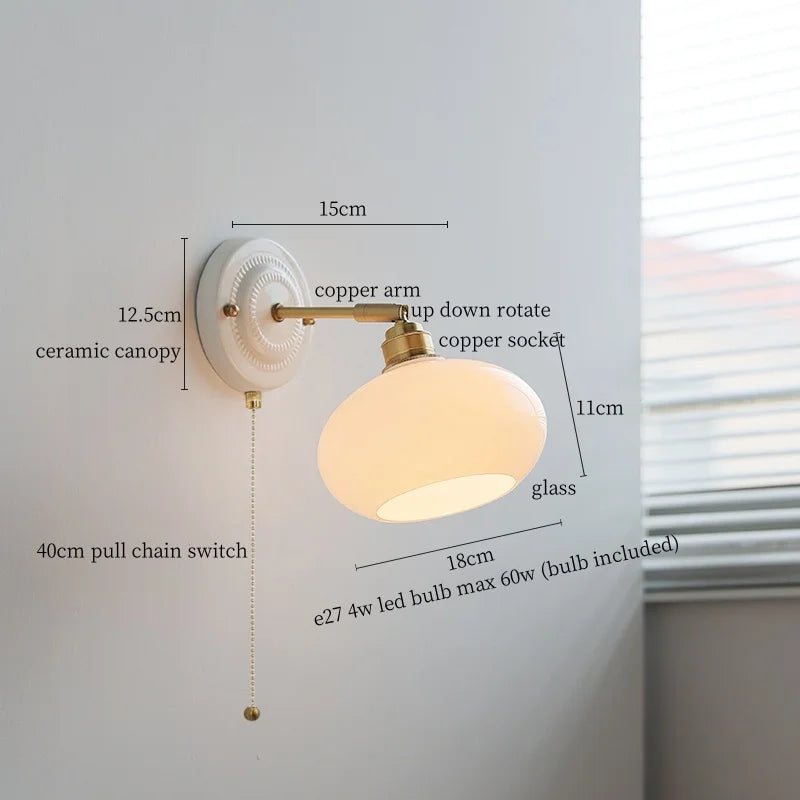 Axyaa White Glass LED Wall Light with Pull Chain Switch for Bedroom, Living Room, or Stairway
