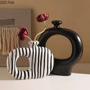 Zebra Stripes Ceramic Vase with Artificial Flowers - Axyaa Modern Floral Room Decor