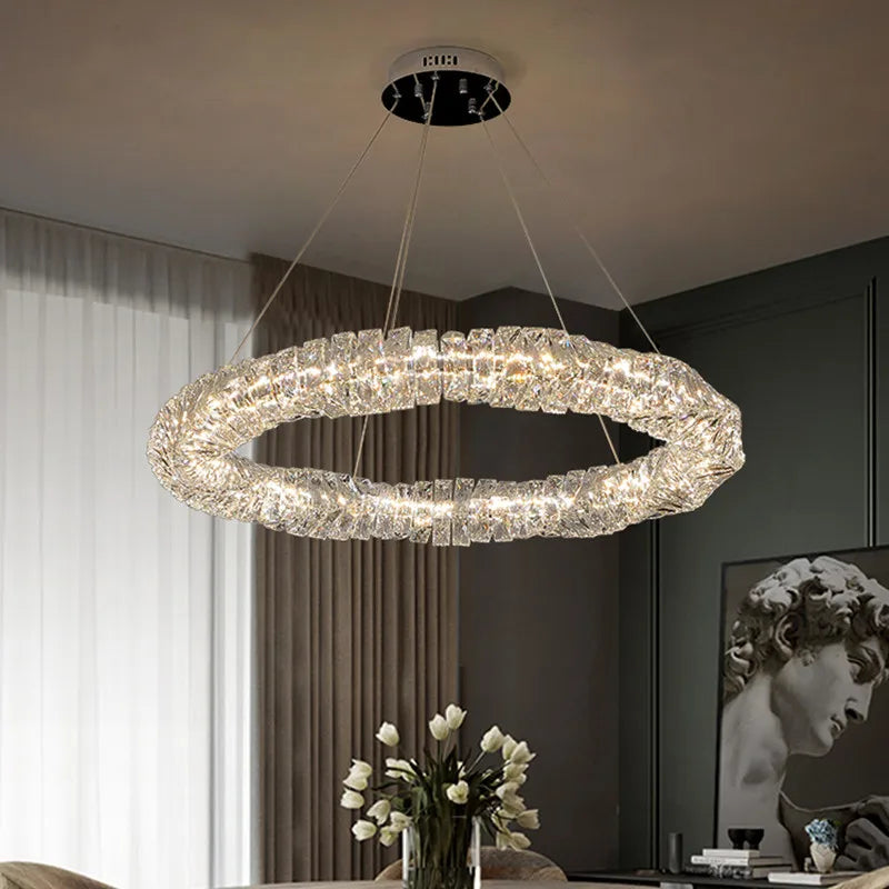 Axyaa Luxury Crystal Pendant Chandelier Dimmable Round LED Living Room Lamp