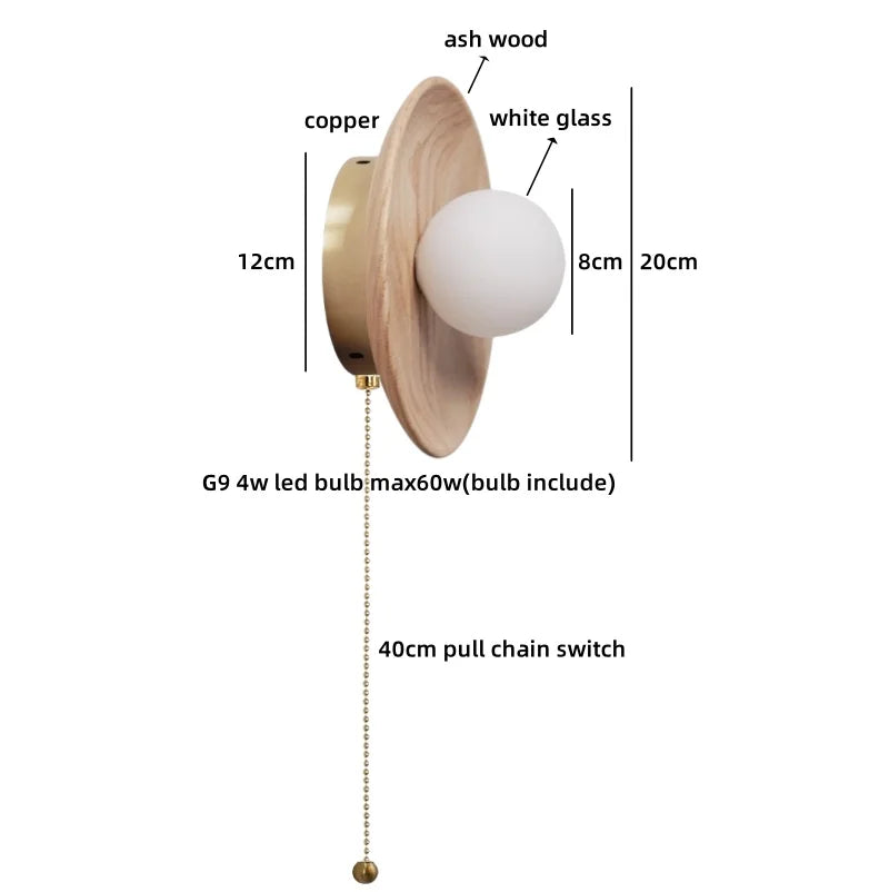 Axyaa Round Wood Glass Ball LED Wall Sconces for Bedroom and Living Room