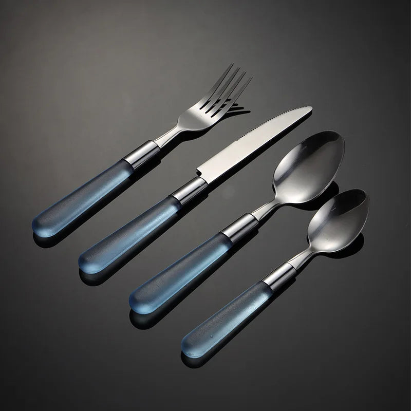 Axyaa Stainless Steel Cutlery Set with Plastic Handle - Western Tableware Steak Knife Fork Teaspoon