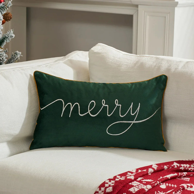 Axyaa Christmas Letter Embroidery Lumbar Pillow Cover in White Red Green