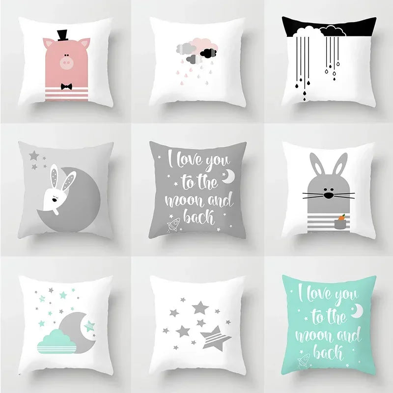 Axyaa Cloud Moon Star Pattern Pillowcase White Grey Letters Printed Home Decor
