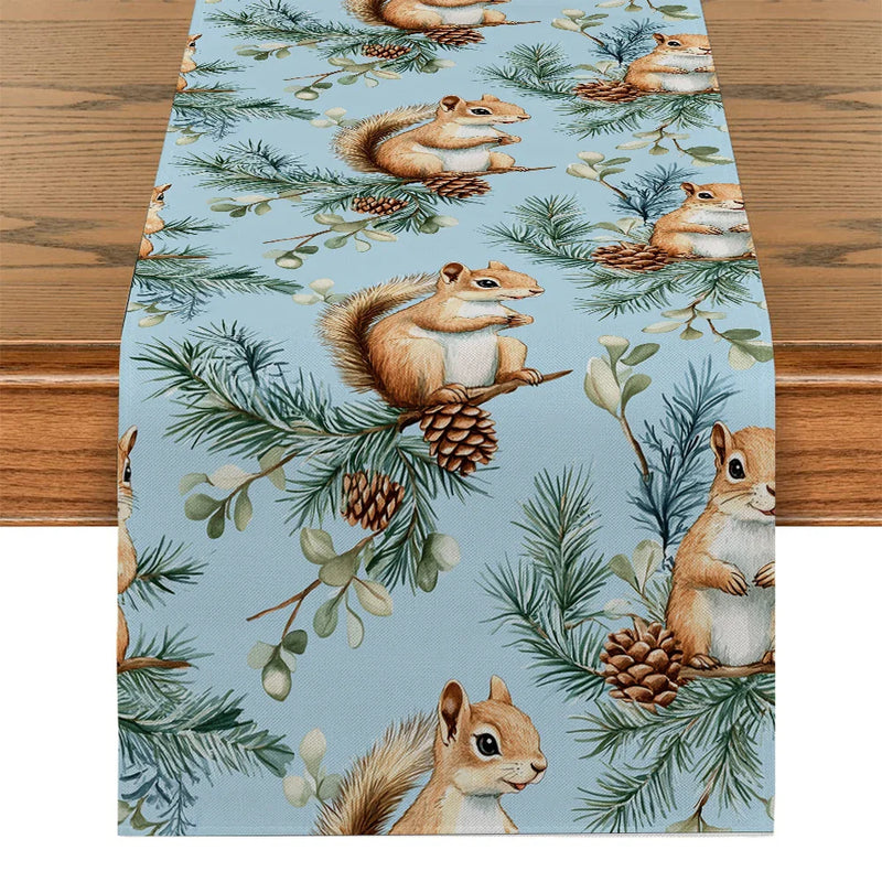 Axyaa Christmas Squirrel Table Runner Pine Cone Decoration Dining Coffee Runners