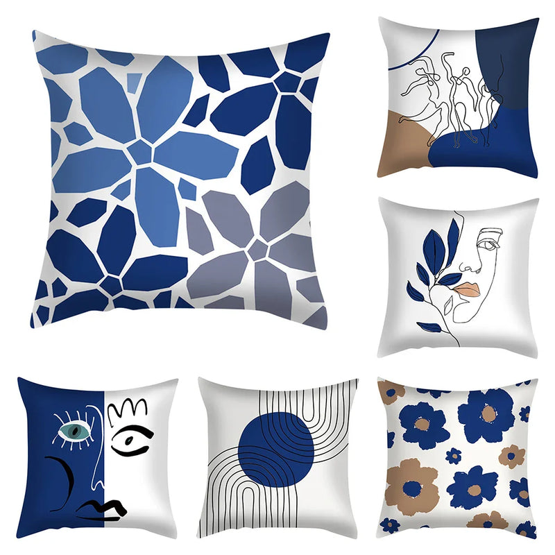 Axyaa Blue Daisy Geometric Flower Leaf Pillow Cover Square Decorative Cushion Cover