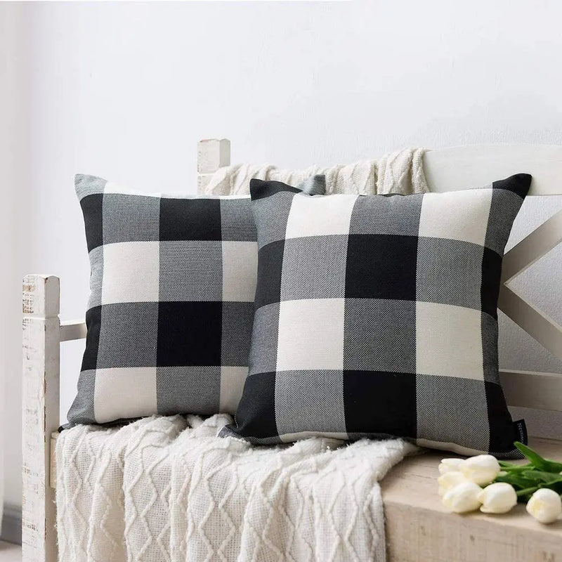 Axyaa Buffalo Plaid Check Throw Pillow Covers in Blue White Orange Ivory.