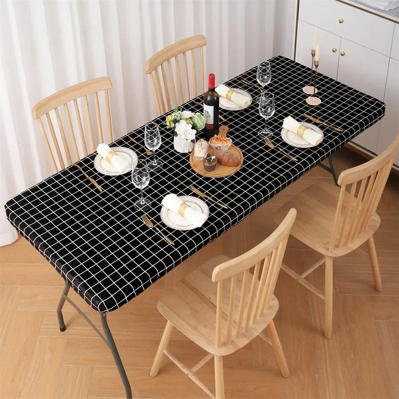 Axyaa Elastic Fitted Rectangle Vinyl Tablecloth for Indoor Outdoor Tables