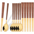 Axyaa Luxury Wooden Handle Cutlery Set - 8/12Pcs, Korean Style Flatware & Chopsticks