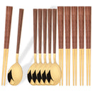 Axyaa Luxury Wooden Handle Cutlery Set - 8/12Pcs, Korean Style Flatware & Chopsticks