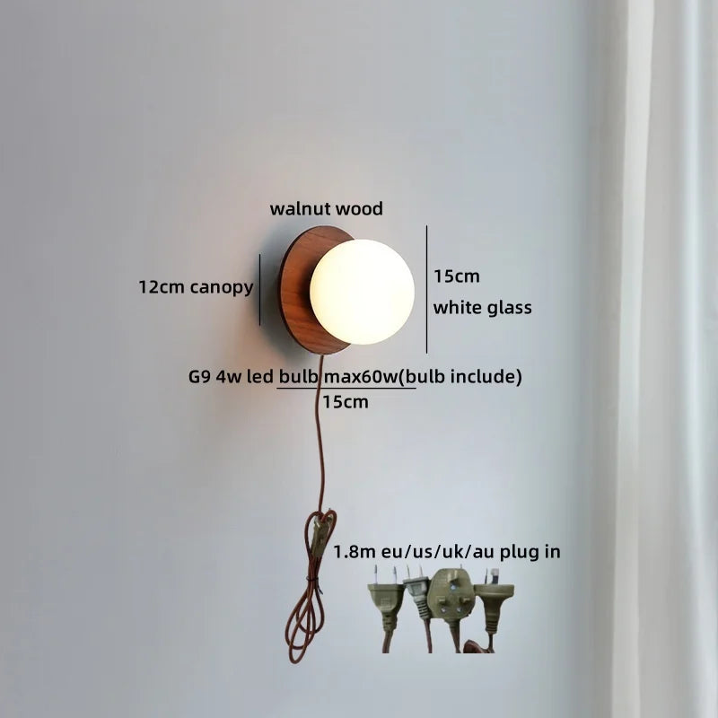 Axyaa Nordic LED Walnut Wood Glass Ball Wall Sconce with Pull Chain Switch