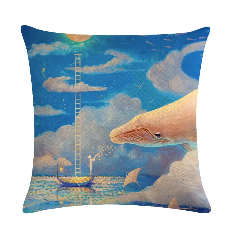 Whale Print Linen Pillowcase for Home and Office Decor by Axyaa