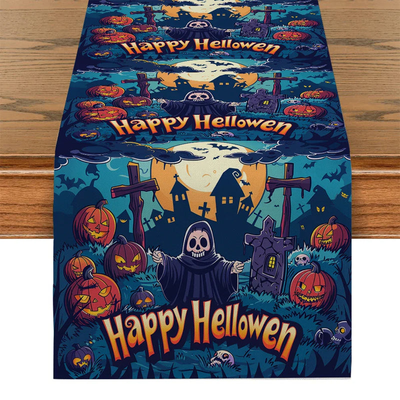 Axyaa Halloween Pumpkin Head Castle Skull Table Runner Farmhouse Kitchen Decor