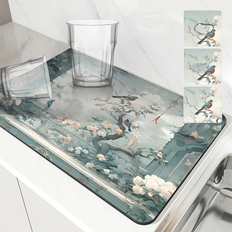 Axyaa Coffee Mat: Absorbent Kitchen Drying Pad with Plants, Birds & Flowers