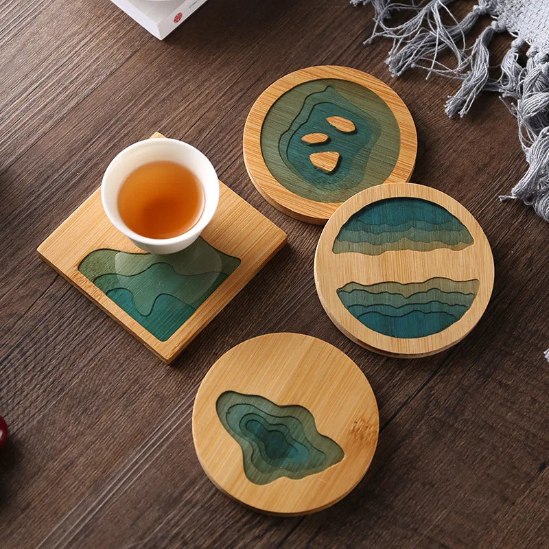 Axya Bamboo Tea Coaster Set with Transparent Resin - Kung Fu Tea Ceremony Accessory