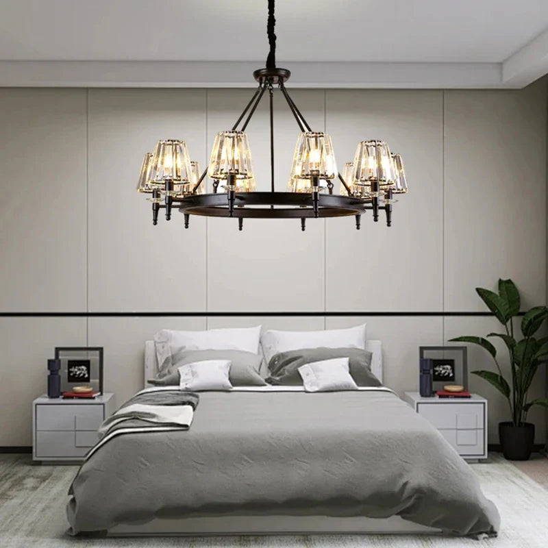 Axyaa Retro Matte Black Metal Crystal Chandelier Pendant Lights