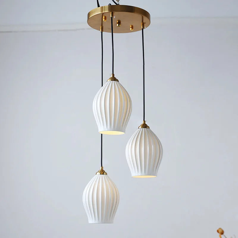 Elegant Ribbed Ceramic Pendant Lights by Axyaa - White Shade
