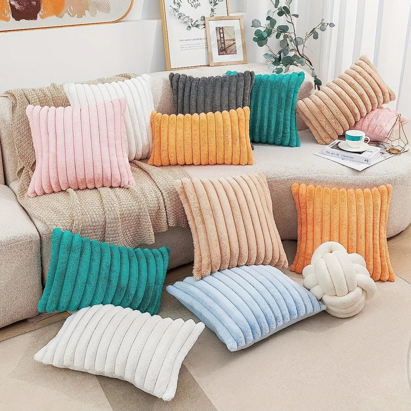 Axyaa Pink Striped Faux Fur Cushion Cover 18x18in for Home Decor